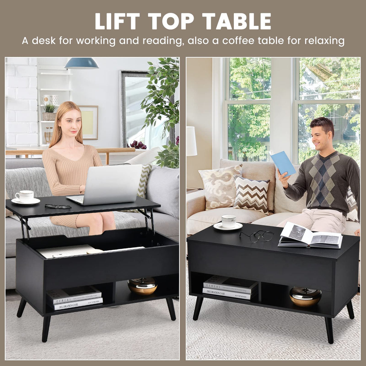 Giantex Lift Top Coffee Table, Modern Cocktail Table w/Hidden Compartment & 2 Open Shelves, Flip Top Center Table, Wooden Pull up Coffee Table for Living Room, Reception Room, Office (Black) Giantex