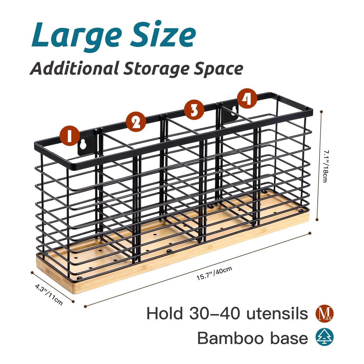 Suli Extra Large Kitchen Utensil Holder with 4 Compartments,Matte Black Metal holder with Wooden Base for Kitchen Countertop,Farmhouse Cooking Utensil Storage, Rustic Cooking Utensil Suli