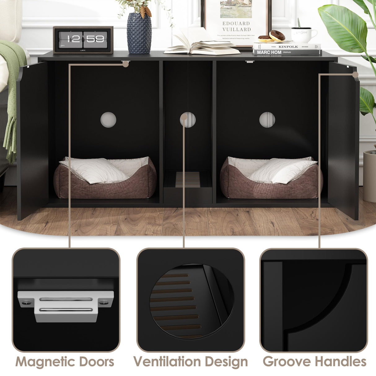 DAWNSPACES Large Cat Litter Box Enclosure for 2 Cats, Modern Wood Stackable Large Cat Washroom Storage Cabinet Bench End Table Furniture,with Removable Litter Box, Black DAWNSPACES