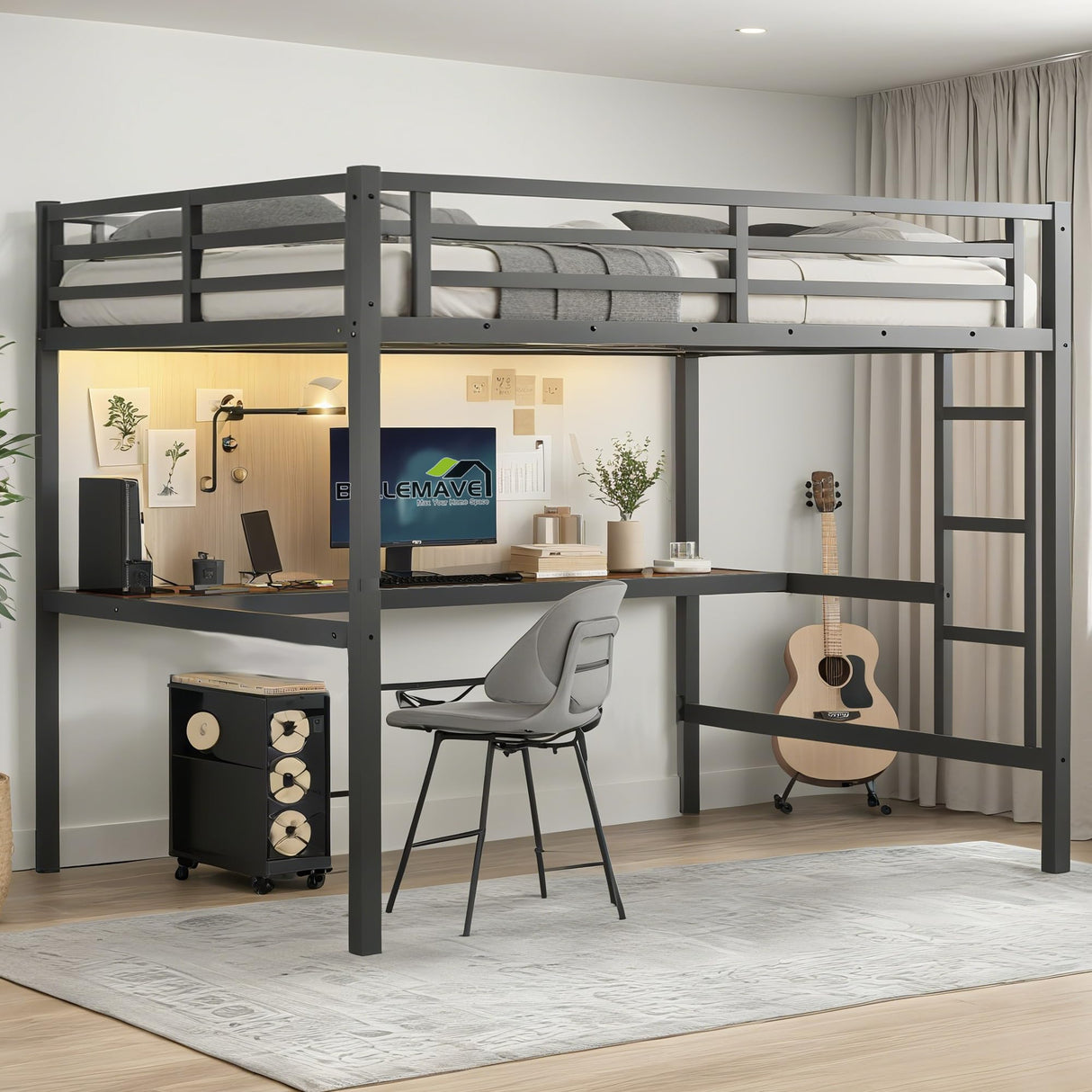 Bellemave Full Size Loft Bed with Desk, Metal Full Loft Bed Frame with Built-in Ladder, LED Loft Beds with Charging Station & Safety Guardrails for Kids, Teens, Adults, Black Bellemave