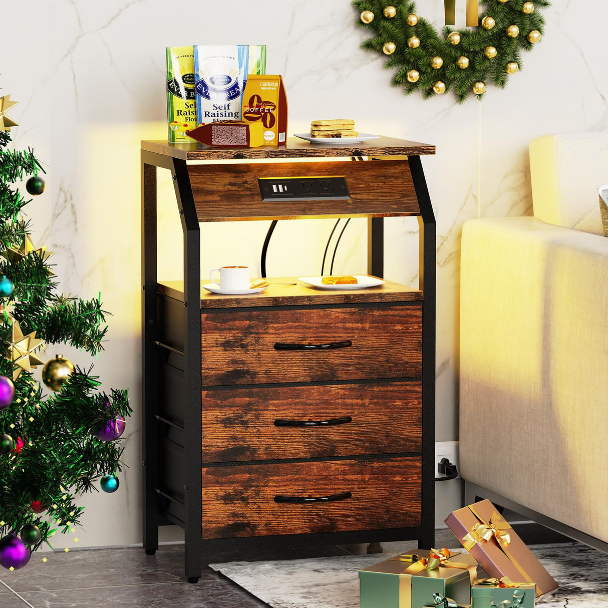 SZLHANJZ End Table with Charging Station, Nightstand with LED Lights and 3 Drawers, Small Dresser with Fabric Storage, Retro Side Table for Bedside, Living Room Dorm, Rustic Brown SZLHANJZ