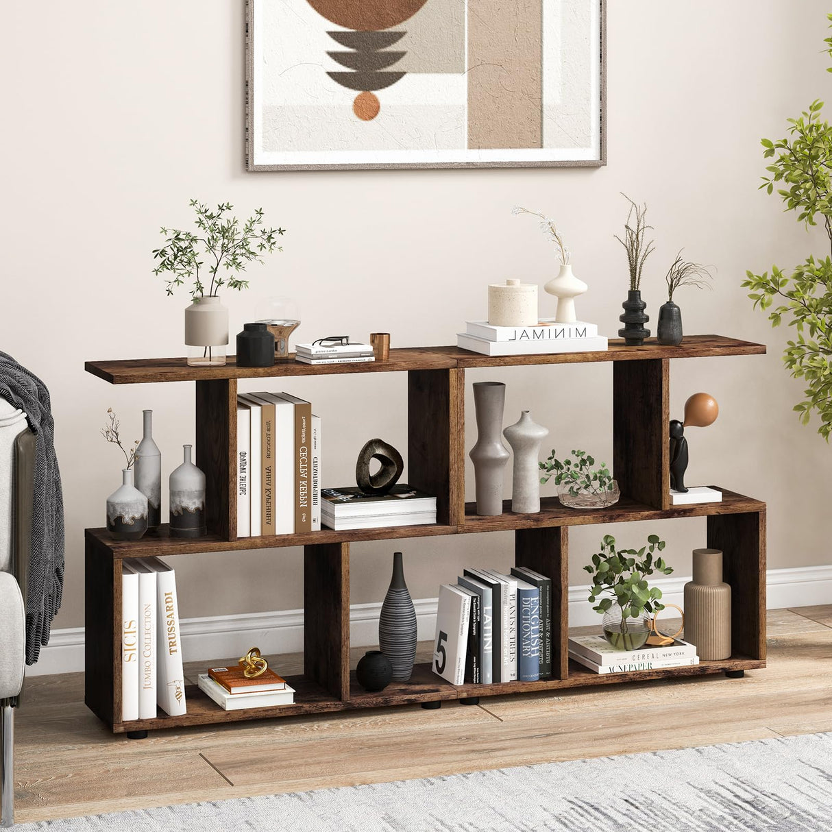 Giantex 3-Tier Geometric Bookshelf, 24" Tall Wood S-Shaped Display Shelves with Thick Foot Pads, Freestanding Open Shelves Nightstand, Floor Standing Display Shelf Bookcase, Brown Giantex