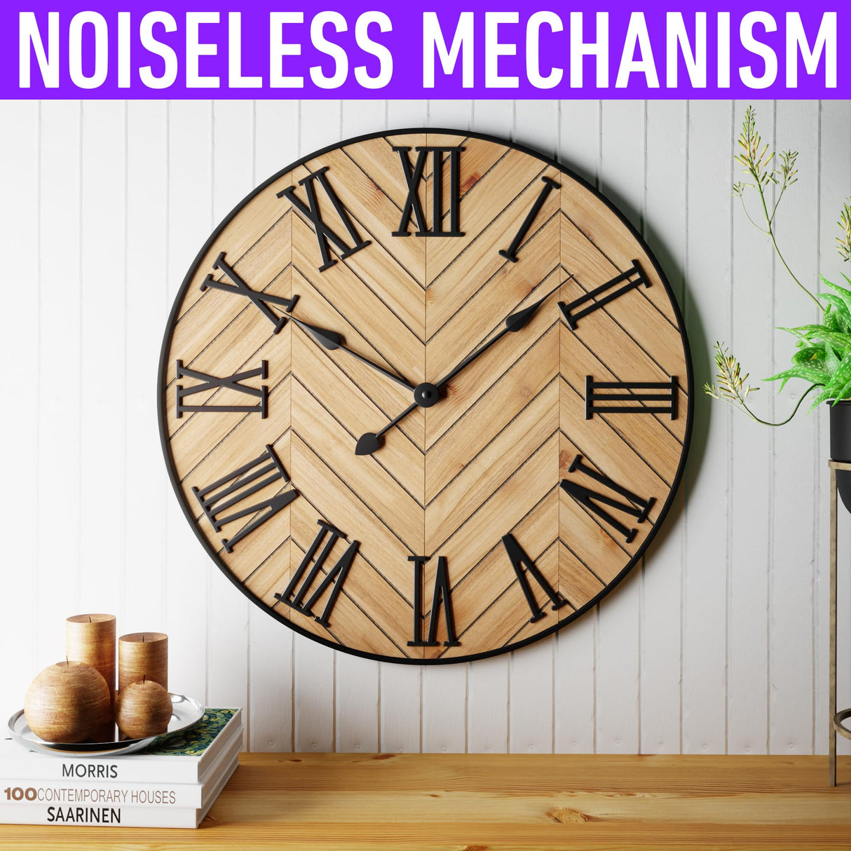 Large Wall Clock 24" Round - Silent Metal & Wood Large Clock - Farmhouse Wall Clock Large - 24 Inch Wall Clock For Living Room Decor - Big Wall Clock Roman Numerals - Wall Clocks For Living Room Decor HB Design Co.