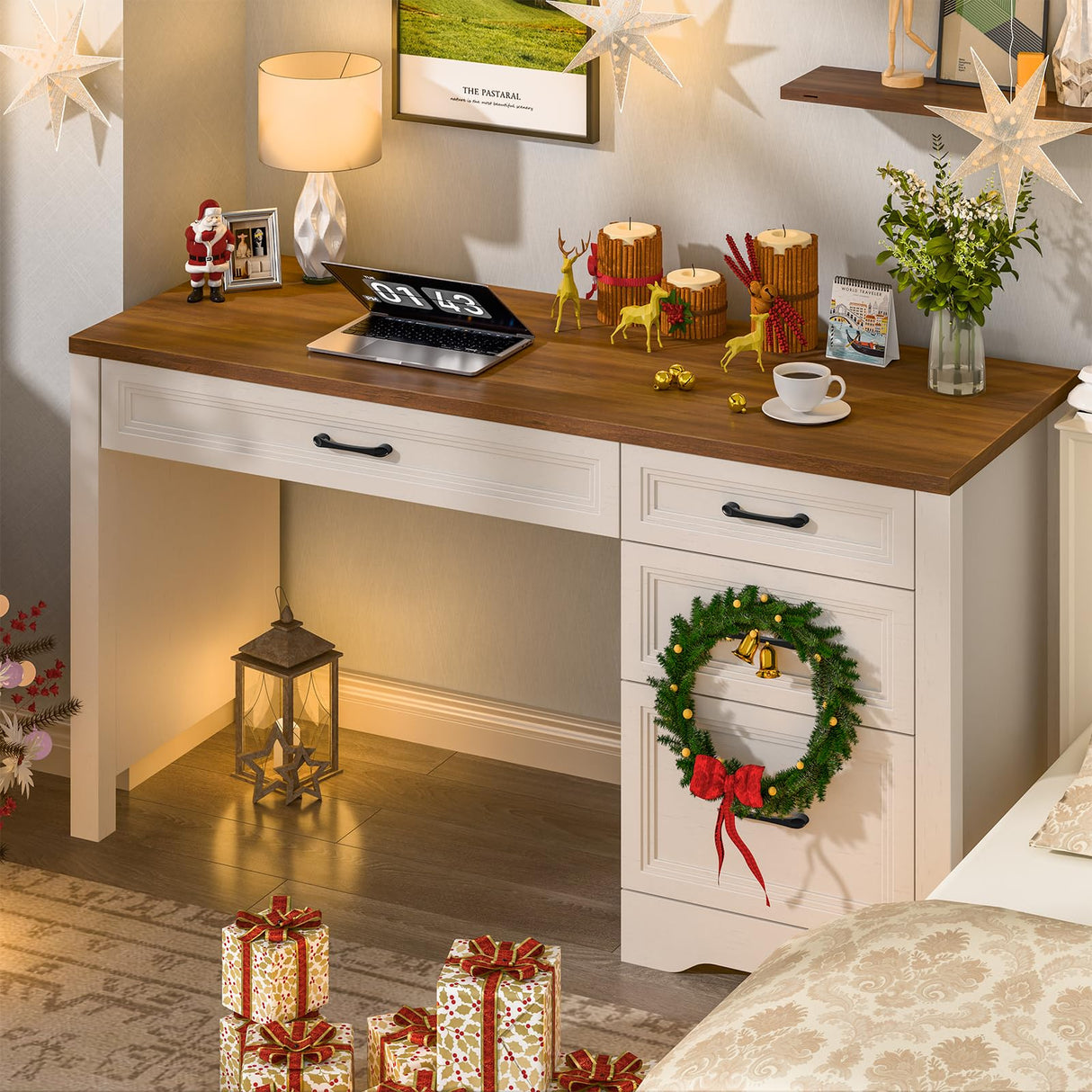 Vabches Farmhouse Executive Desk with Storage and Ample File Drawer, Rustic Large Home Writing Desk for Bedroom, White Vabches