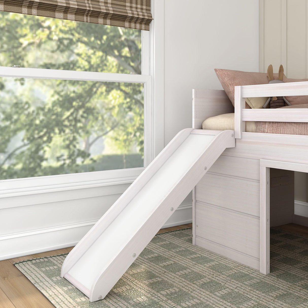 Max & Lily Loft Bed Twin Size, Solid Wood Low Loft Bed with Slide and Ladder, Modern Farmhouse Loft Bed for Kids, White Wash Max & Lily