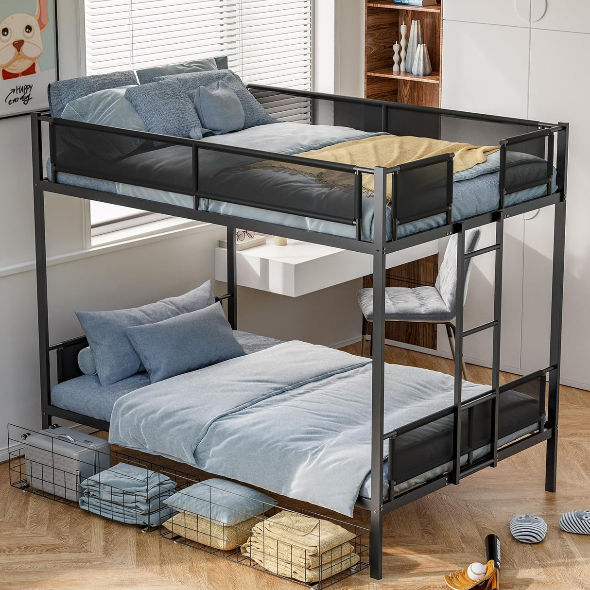 PVWIIK Queen Over Queen Metal Bunk Bed with Storage Drawers for Dorm,Bedroom,Guest Room,Heavy Duty Bunk Bed w/Ladder & Full Length Guardrail for Kids,No Box Spring Needed, Black PVWIIK