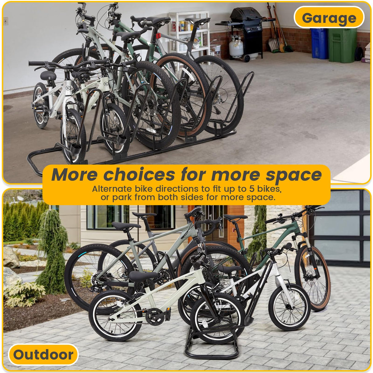 Floor Bike Rack for 5 Bikes, Safeguard Disc Brakes & Derailleurs Design, Waterproof Bicycle Stand Indoor/Outdoor/Garage Use, Fits 12"-29" Tires, Upgraded 0.63" Steel Tubes for Stability Kingarage