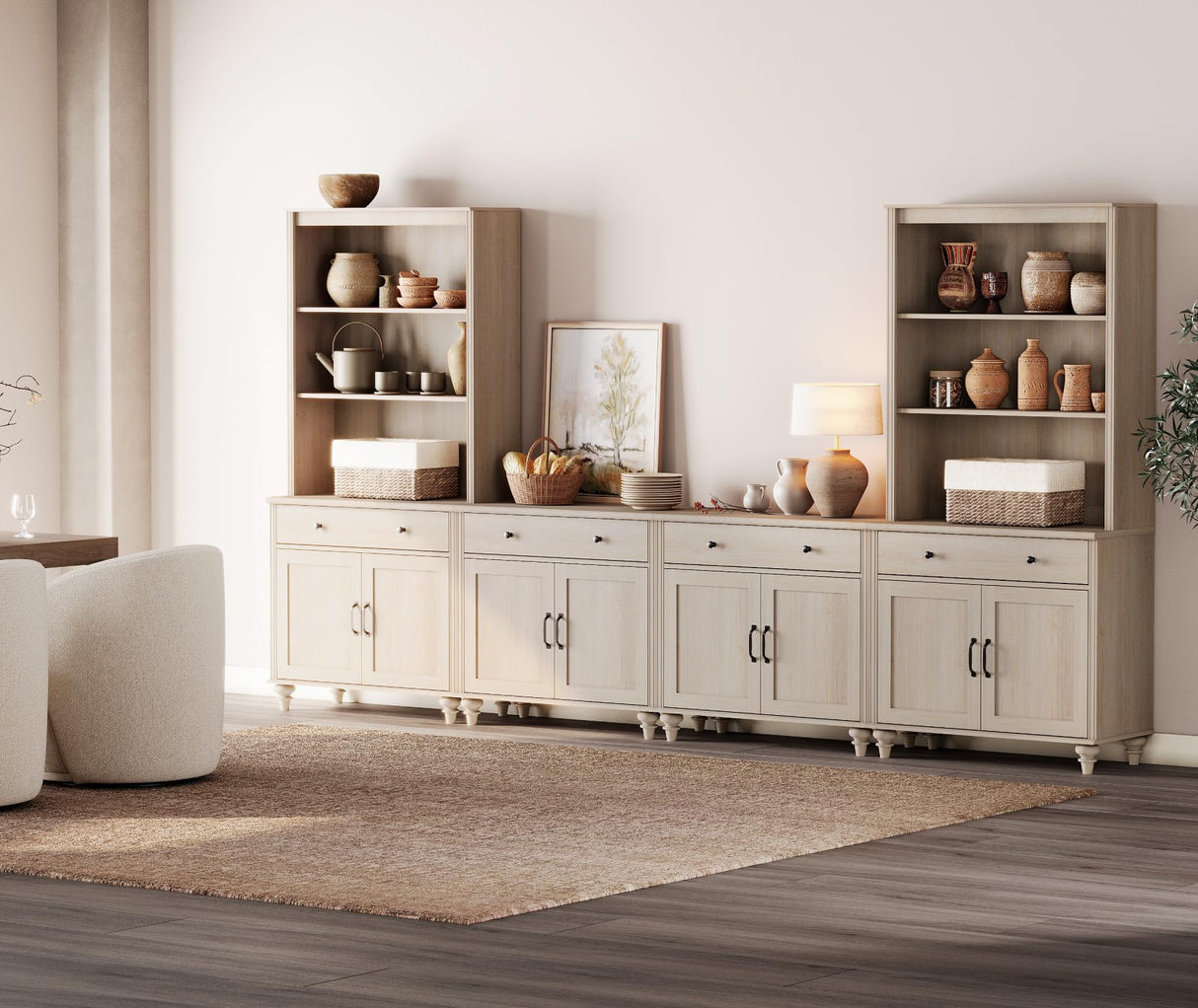 WAMPAT Entertainment Center with Bookshelves for TVs up to 75", Farmhouse Wall Unit TV Stand with 8 Doors & 4 Drawer, Media Console Table for Living Room, Bedroom & Home Theater, Beige WAMPAT