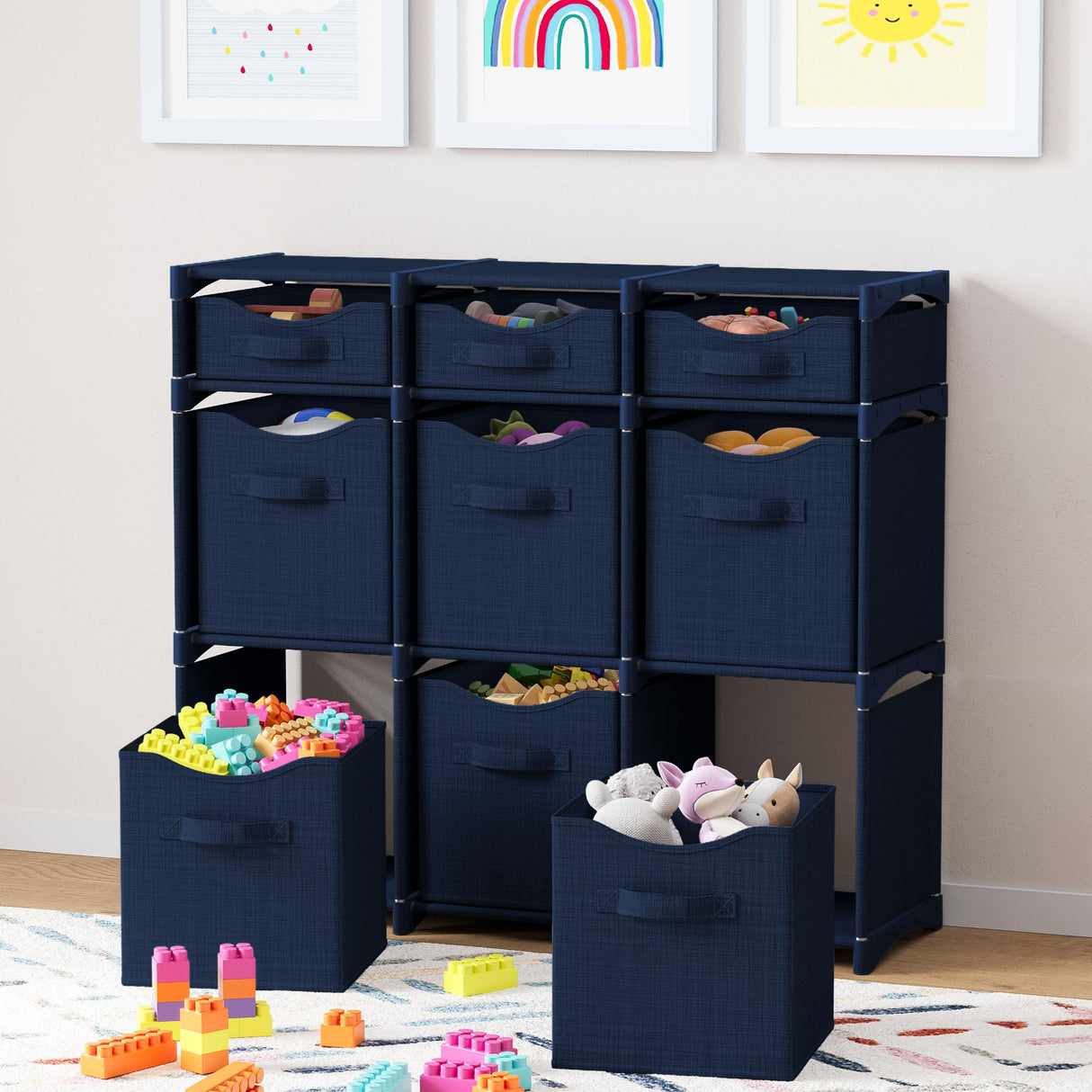9 Cube Distressed Organizer with Drawers - Easy Assemble - Baby, Kids Dorm Room Organizer (Navy) NEATERIZE