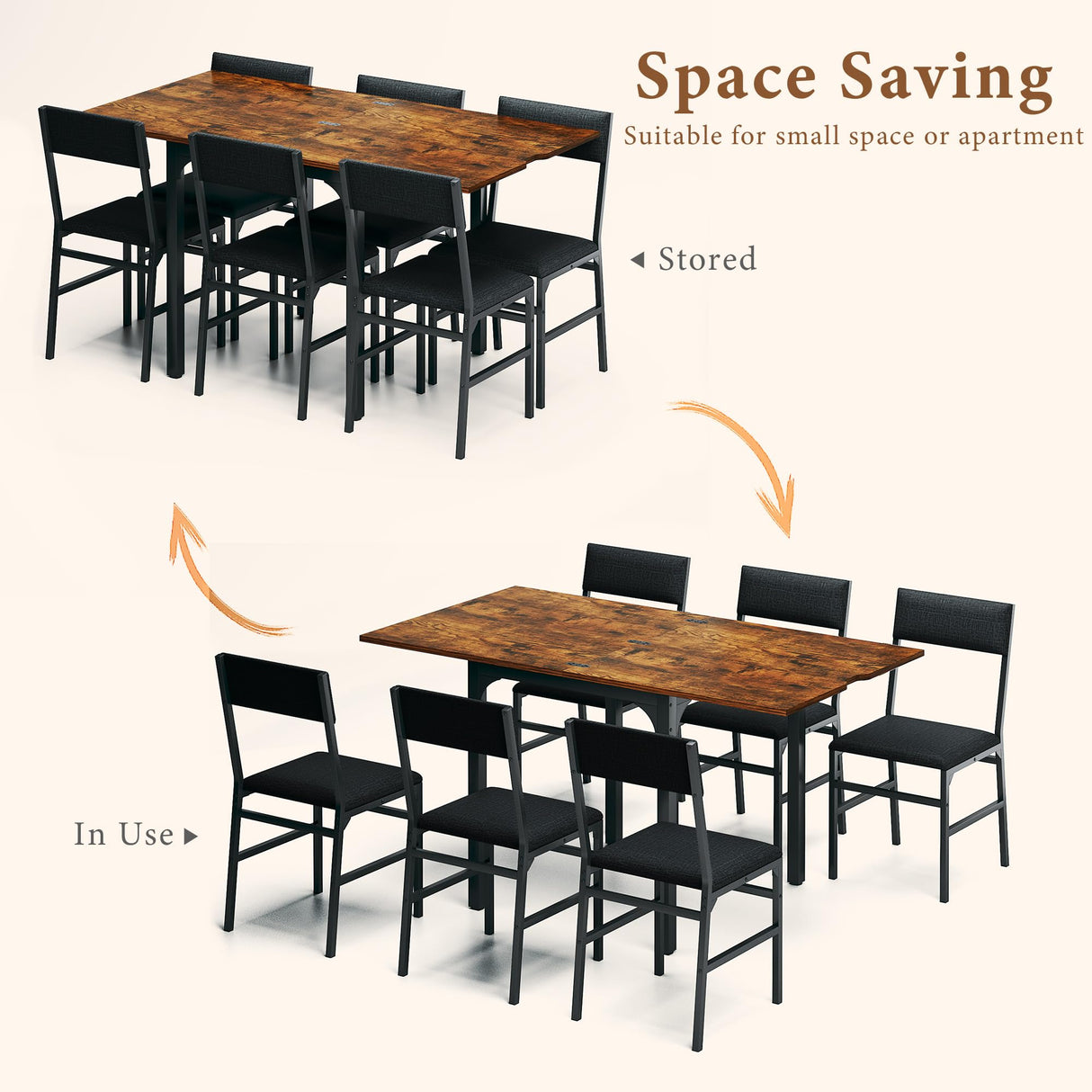 7-Piece Dining Table Set for 4-6, Extendable Kitchen Table Cushion Chairs Set of 6 with 6 Chairs, Rectangle Dining Table with Metal Frame & MDF Board, Folding for Small Apartment Saving Space, Rustic HUAHUU