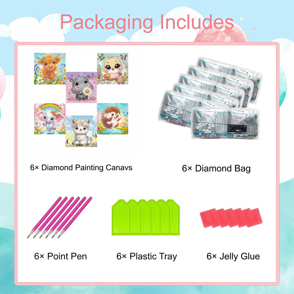 6 Pack Small Diamond Painting Kits for Kids Beginners, 5D Gem Art by Number for Children Ages 6-8-12,Cute Animal Elephant Fun DIY Dot Painting Set,Home Wall Decor 6x6 Inch 5DDIYART