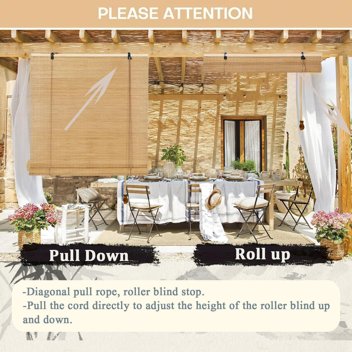 Natural Bamboo Roller Blinds for Indoor/Outdoor - Handwoven Shades for Privacy and Sun Control WDZDMYL