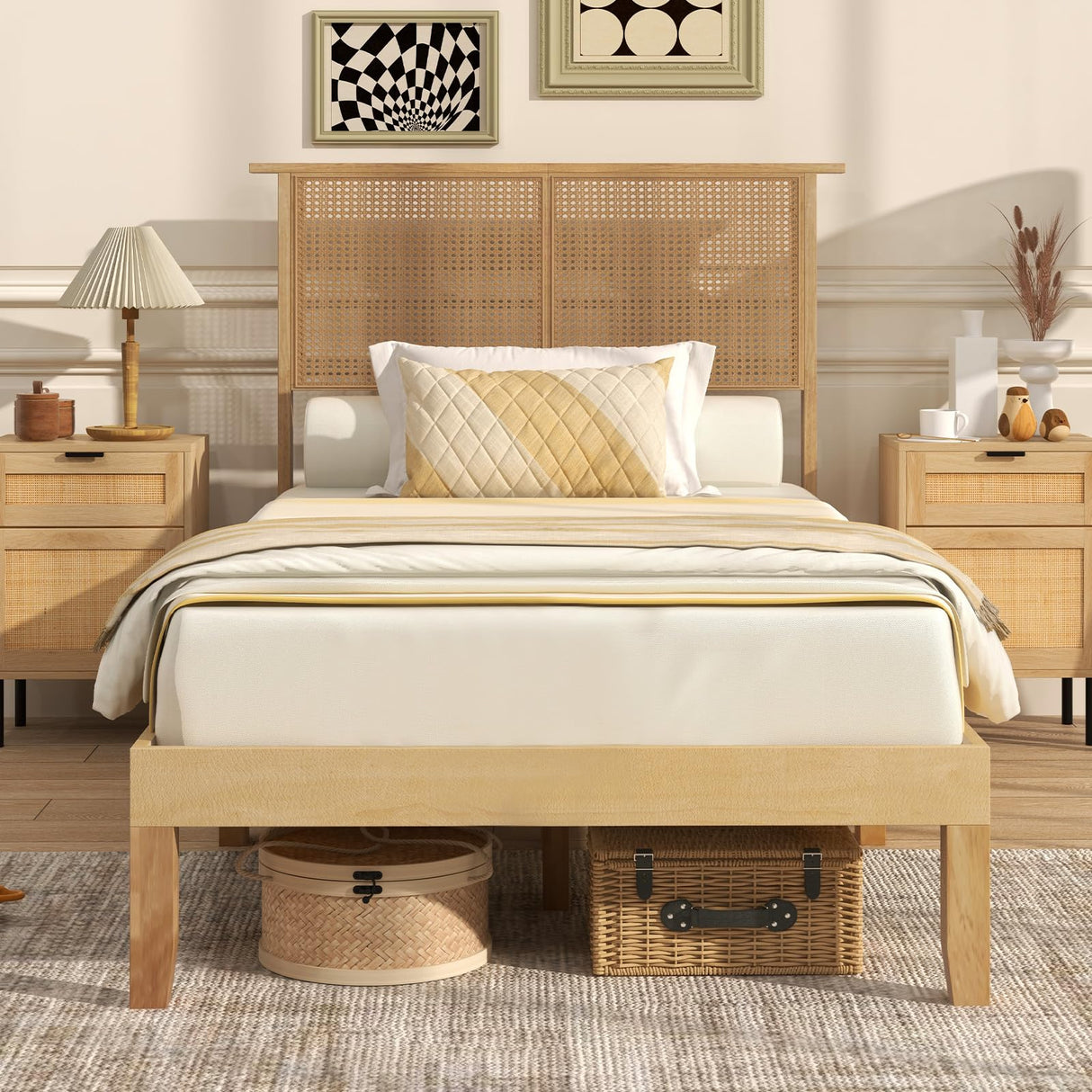 Giantex Rattan Twin Bed Frames with Rattan Headboard, Boho Solid Wood Platform Bed with Wooden Slats, 12 Inch Twin Bed Frame with Storage Underneath for Kids Adults, No Box Spring Needed, Natural Giantex