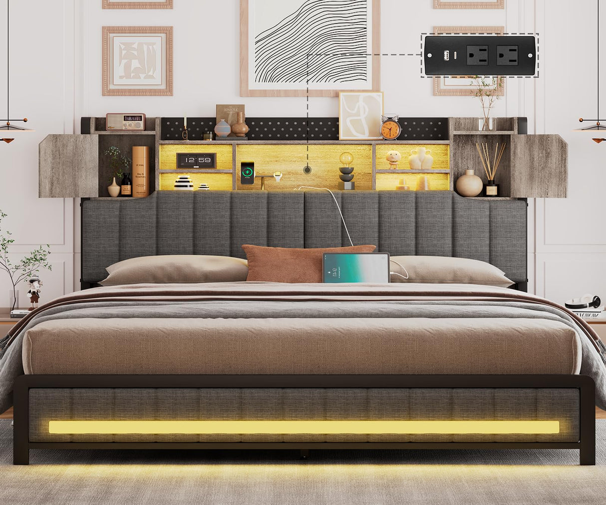 CSZZD King Size Upholstered Bed Frame with Storage Headboard, LED Lights, and Charging Station in Oak Gray CSZZD
