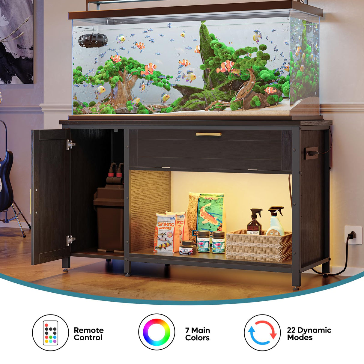 Bestier 55-75 Gallon Fish Tank Stand with Power Outlet & LED Light, 49"x19" Heavy-Duty Metal Aquarium Stand with Cabinet & Drawer for Accessories Storage, Suit for Reptile/Turtle Terrarium Bestier