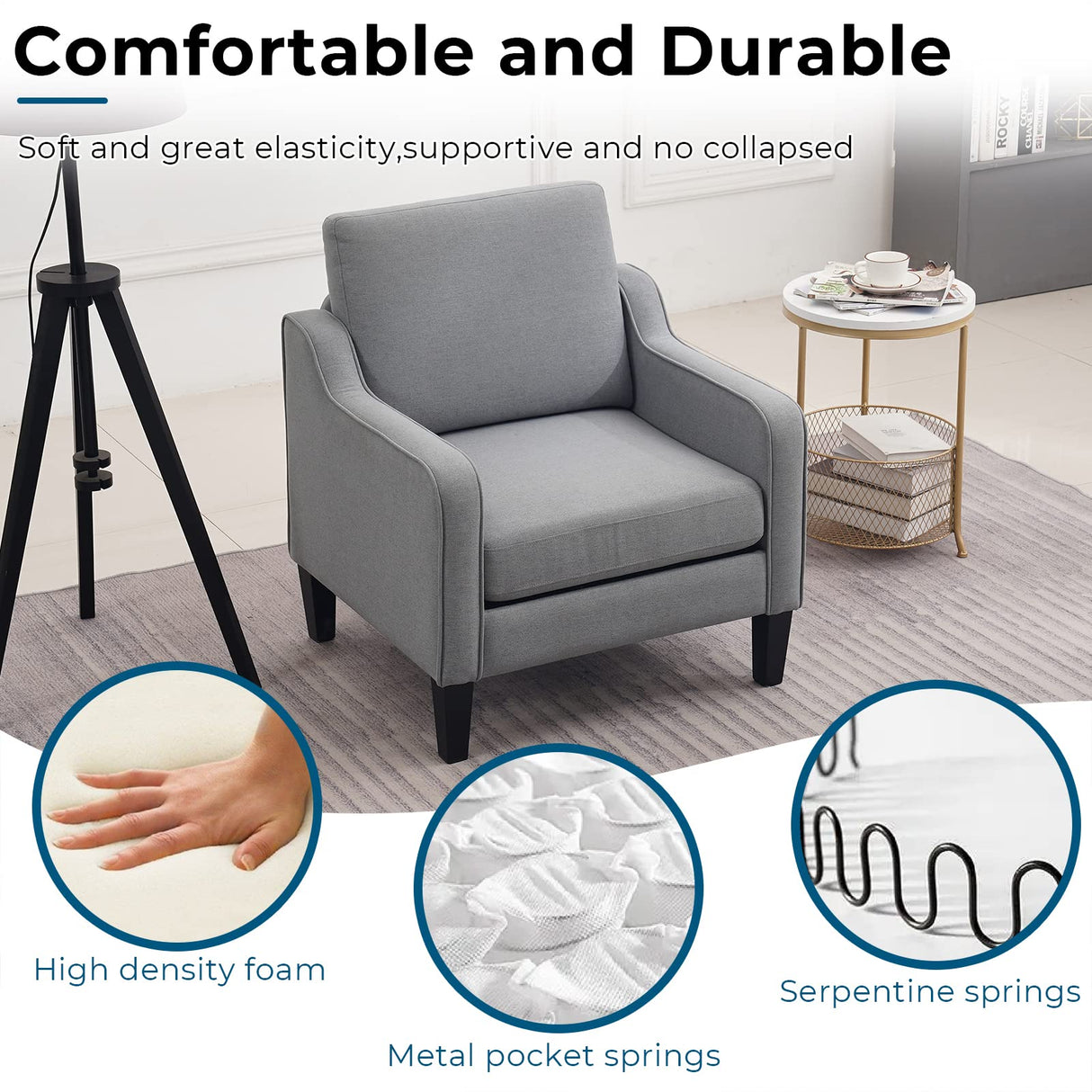 VINGLI Mid Century Modern Accent Chair,Light Grey Fabric Chairs for Living Room Upholstered Armchair with Scooped Arms for Bedroom,Apartment,Studio,Office,Waiting Room VINGLI