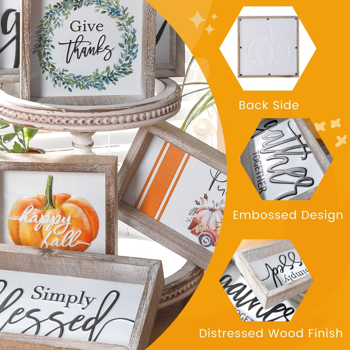 FESTWIND Tiered Tray Decor, Simply Blessed Sign Embossed Metal With Wood Frame - Shelf, Mantel, Blessed Signs for Home Decor - Rustic Thanksgiving, Primitive Decoration FESTWIND