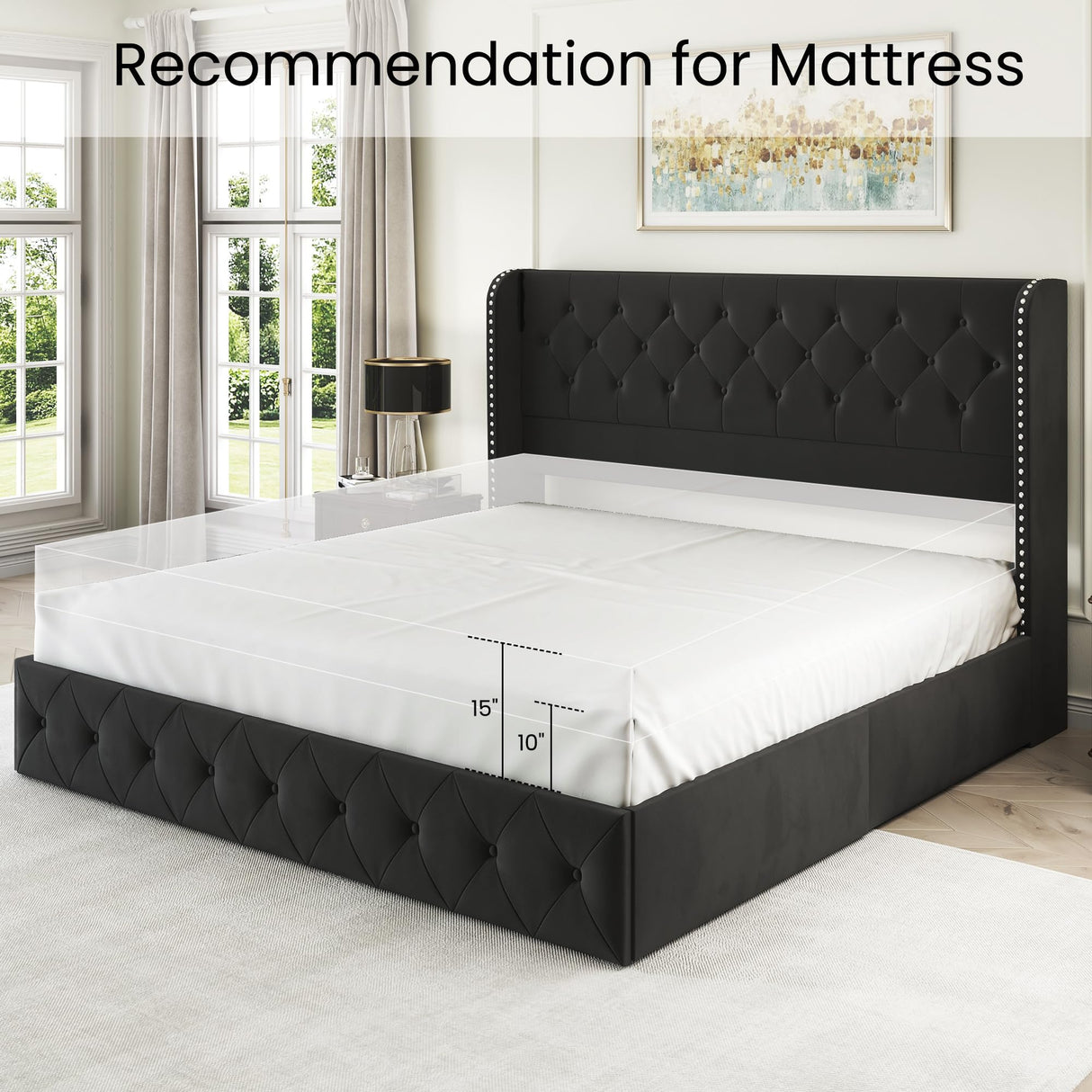 LARMACE Velvet Black King Size Bed Frame with 4 Storage Drawers and Tufted Wingback Headboard LARMACE