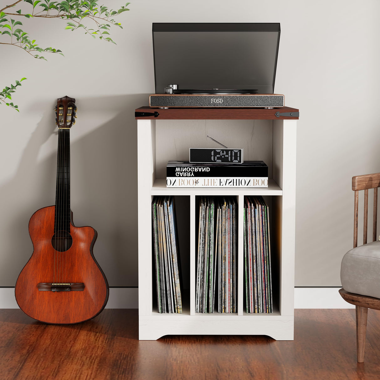 BEWISHOME Record Player Stand, Wood Turntable Stand with Vinyl Record Storage Up to 160 Albums, Farmhouse Record Player Table for Living Room Bedroom, White KCZ01W BEWISHOME