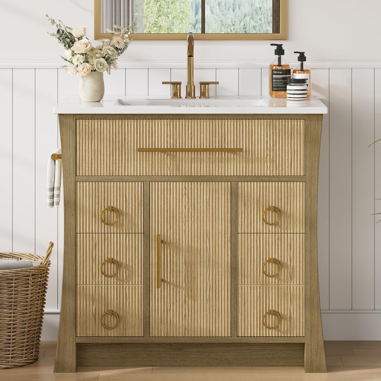 IRONCK 36" Bathroom Vanity with Sink, Freestanding Bathroom Sink Cabinet with 4 Drawers & 1 Flip-Down Drawer, Wood Grain Texture, Metal Handle, Farmhouse IRONCK