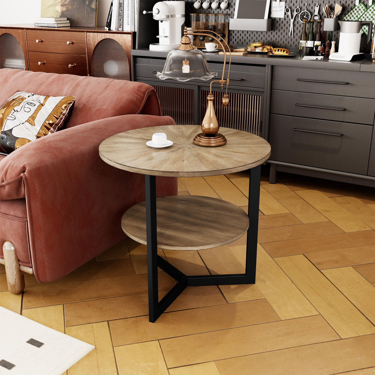 LEEMTORIG Round End Table with Storage, Farmhouse Circle Side Table for Living Room, Solid Wood 2-Tier Nightstand, Natural Wood Tabletop & Black Metal Frame, 25.2" D x 24" H, CJZ-1338 LEEMTORIG