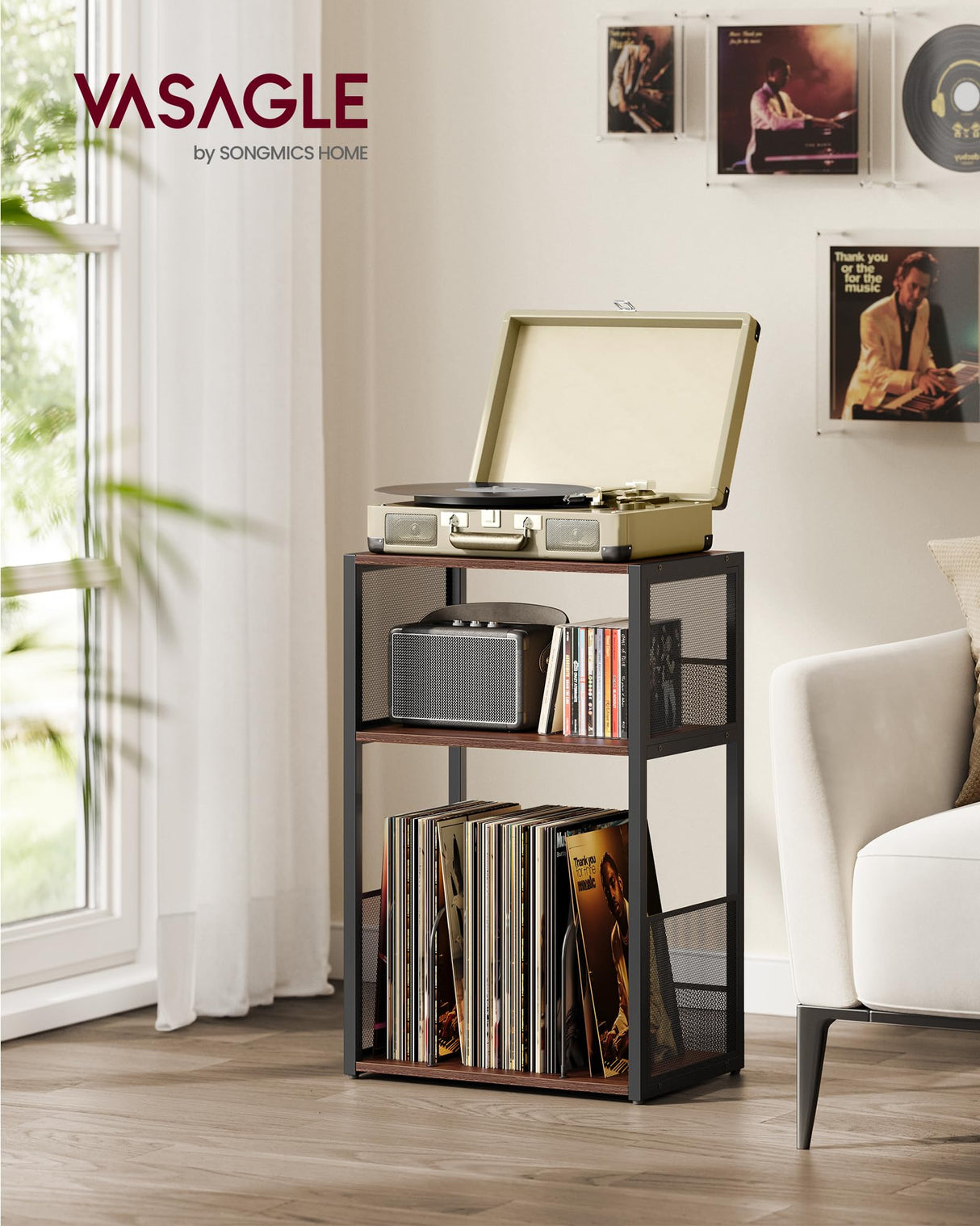 VASAGLE Record Player Stand, 3-Tier Side Table, Vinyl Record Storage up to 100 Albums, End Table for Living Room, Bedroom, Natural Walnut ULET275K02 VASAGLE