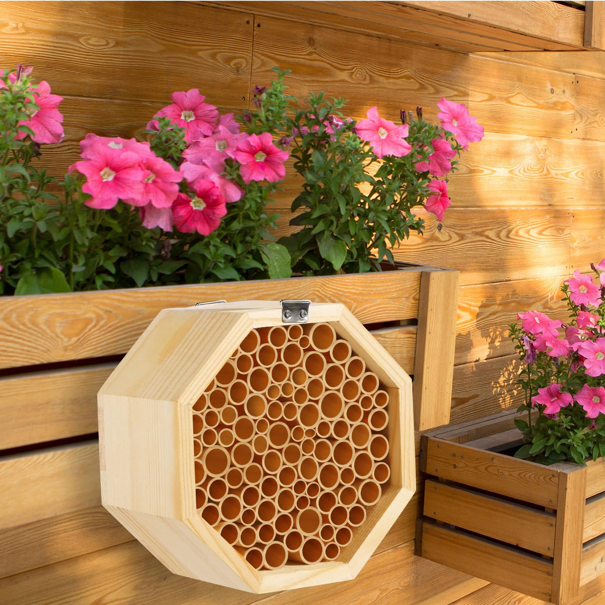 Mason Bee House - Handcrafted Natural Wooden Bee Hotel with Waterproof Wax Coating - Attracts Peaceful Pollinators, Enhances Garden Productivity NASIDE