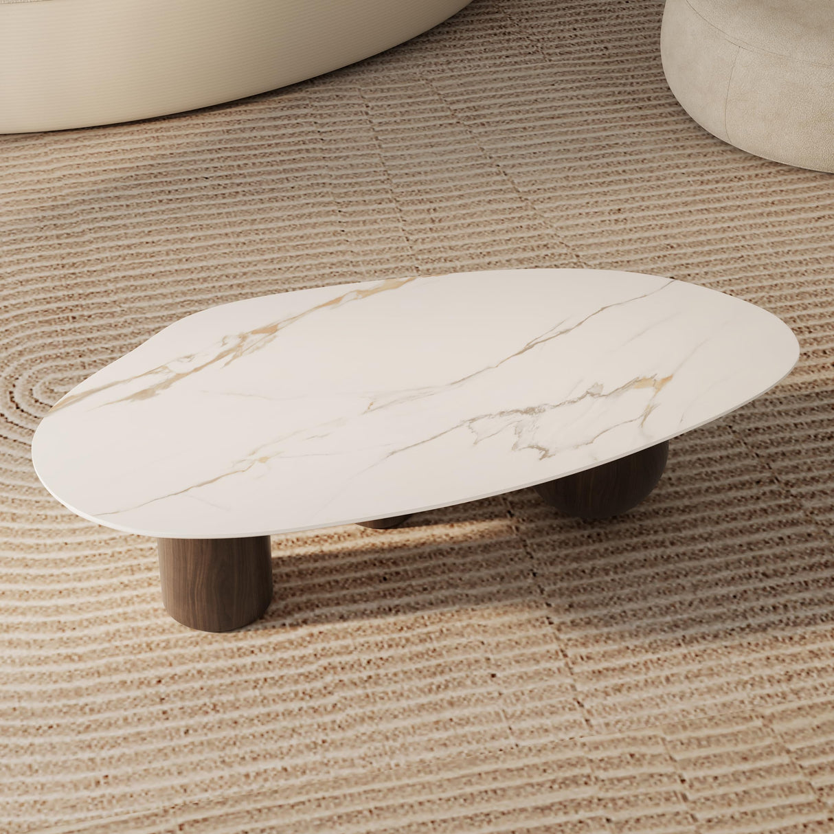 Modern Oval Coffee Table for Living Room, 54.33" Sintered Stone Cloud Coffee Tabletop with 3 Metal Legs, Minimalist Living Room Table Tea Table Center Table for Home Office FHKJ