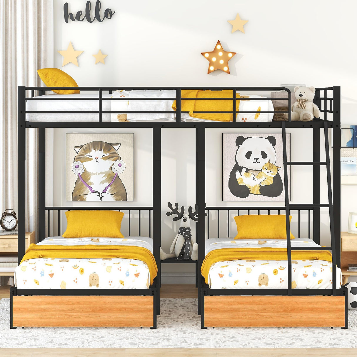 Triple Bunk Bed Metal Full Over Two Twin Beds with Storage Drawers and Shelf Detachable 3 Bed Bunk Bed Frame with Ladder for Kids Boys Girls Teens, Can Bed Divided into Three Separate Beds, Black Bellemave