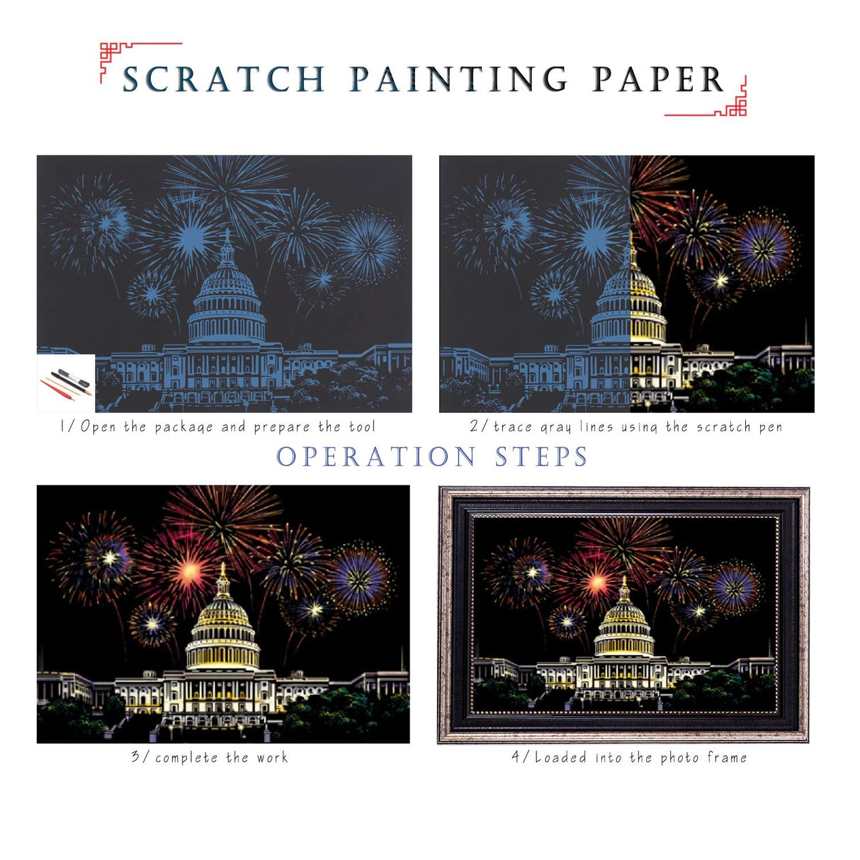 Scratch Art for Adults and Kids-City Landmarks Scratch Painting Craft Kit (8 Sheets A4)|DIY Foil Engraving Art Set|Stress Relief Gift for Travel Lovers, Craft Lovers, Home Decor (Firework&Sakura) BOTEEN
