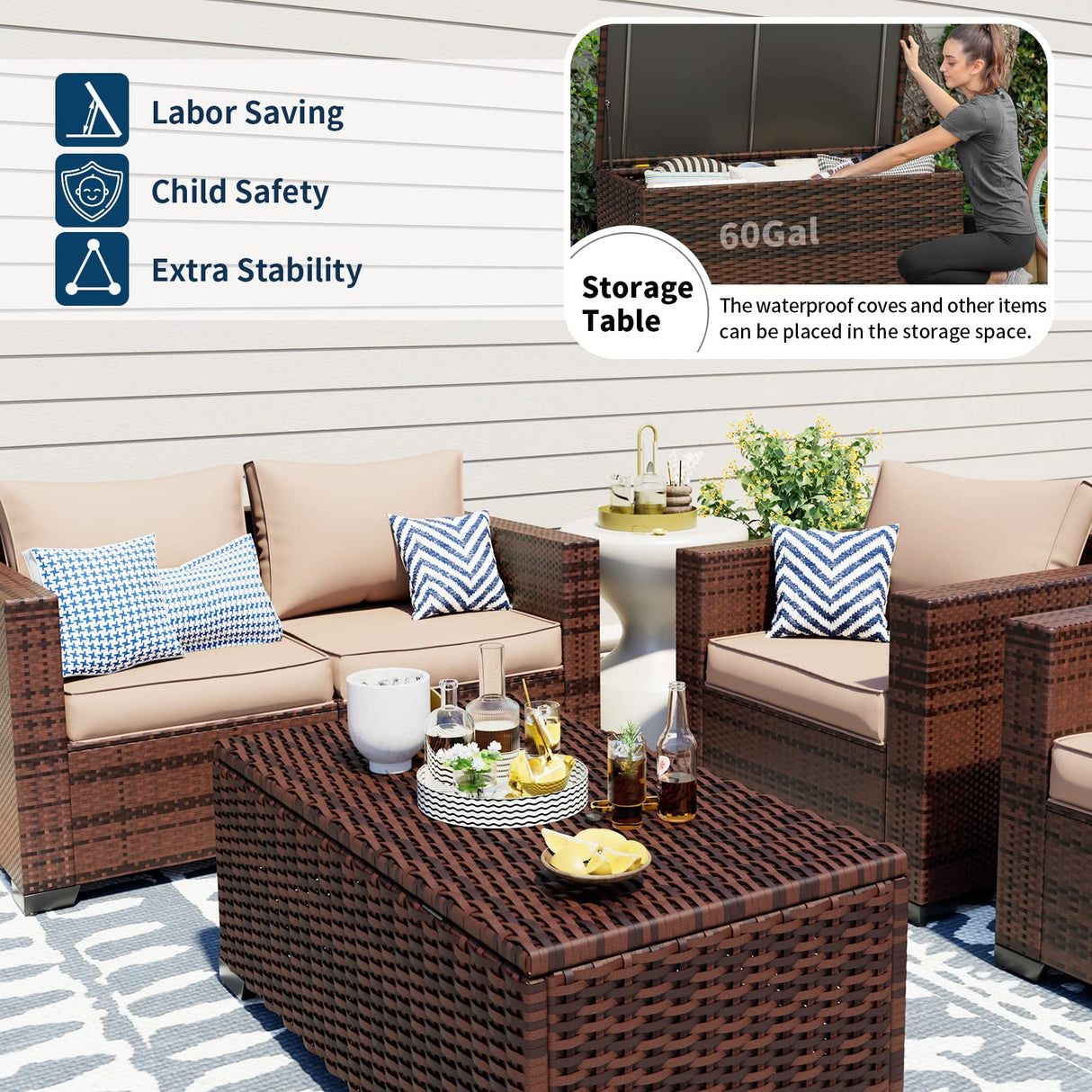 UDPATIO Outdoor Patio Furniture, 4 Pieces Outdoor Sectional Patio Set with Storage Coffee Table and Khaki Cushions, Patio Loveseats Balcony Furniture for Small Space UDPATIO