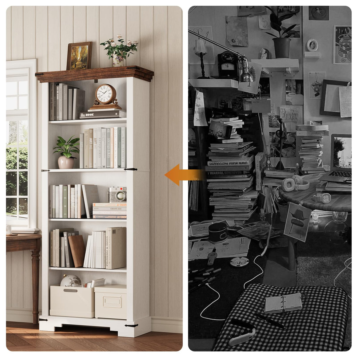 HOTLUU 5-Tier Farmhouse Bookshelf, 61.1 inch Tall Bookcase with Storage & Unique Design & One Adjustable Shelf, Wooden Bookshelf for Study Room, Living Room, Home Office, Bedroom (White) HOTLUU