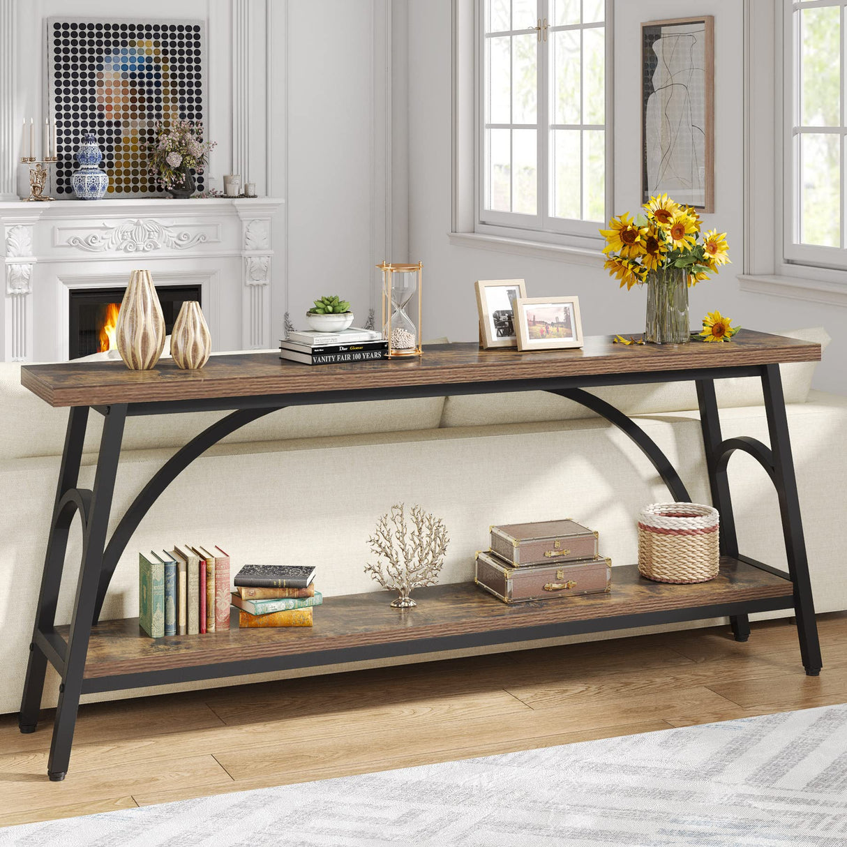 Tribesigns Extra Long Sofa Tables, 70.8”Console Table for Entryway, Wood Console Table 2 Tier TV Stand, Behind Couch Table for Living Room, Rustic Brown Black Tribesigns