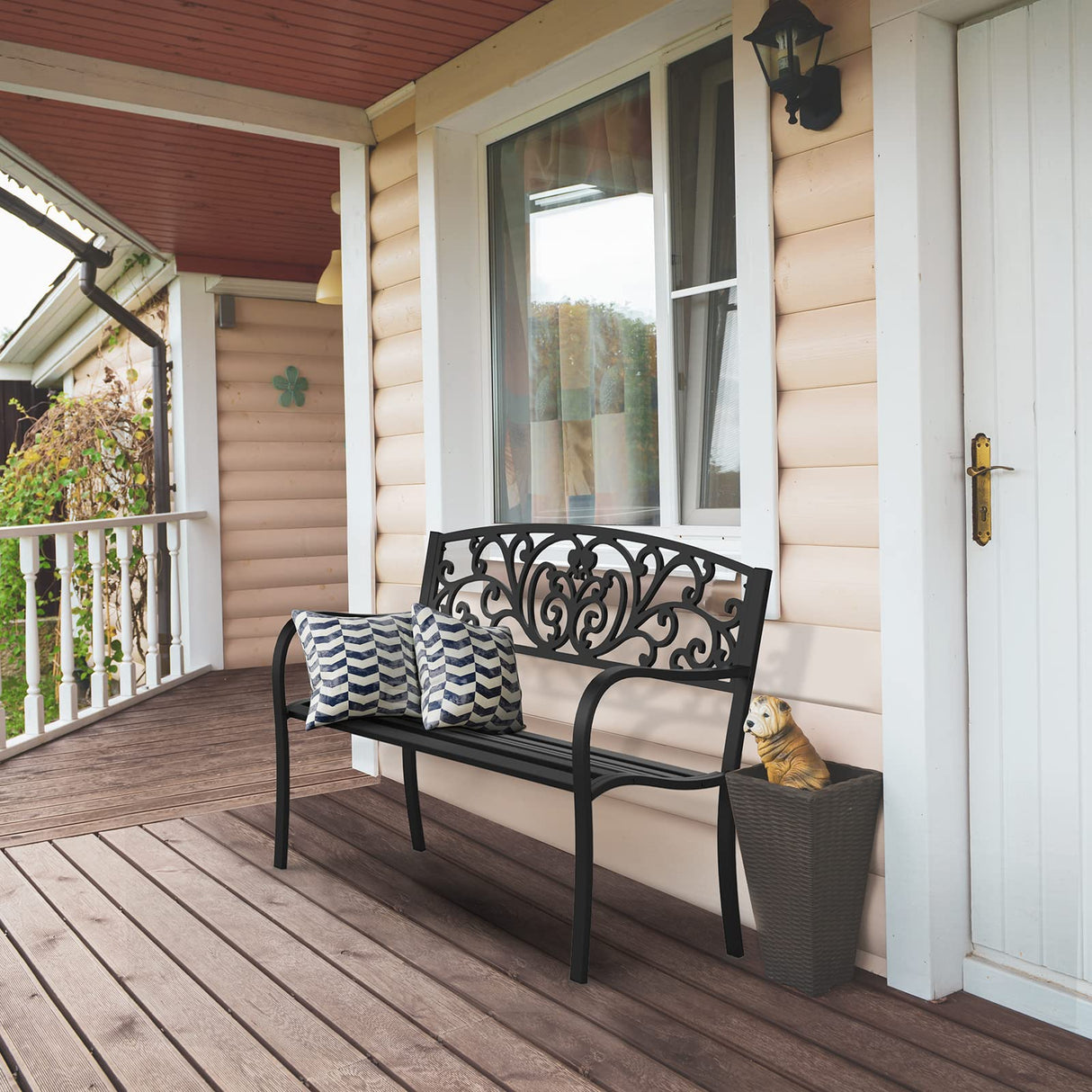 VINGLI Outdoor Bench for Patio Metal Garden Bench w/PVC Back Pattern, Black Park Benches Front Porch Benches for Yard Lawn Decor Deck Entryway (Floral) VINGLI