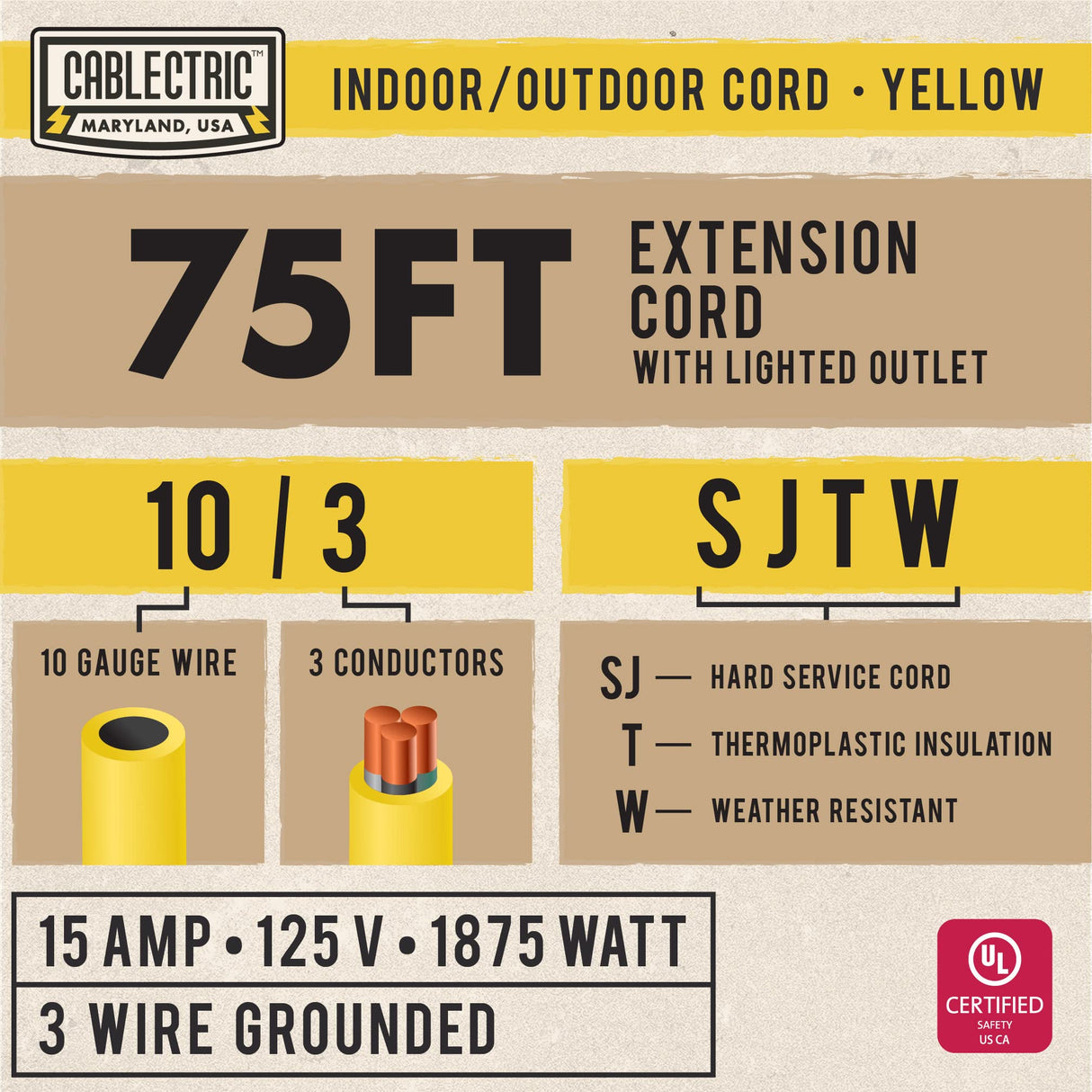 Cablectric 75 Ft Outdoor Extension Cord - 10/3 SJTW Heavy Duty Yellow 10 Gauge Lighted Electrical Cable with 3 Prong Grounded Plug Cablectric