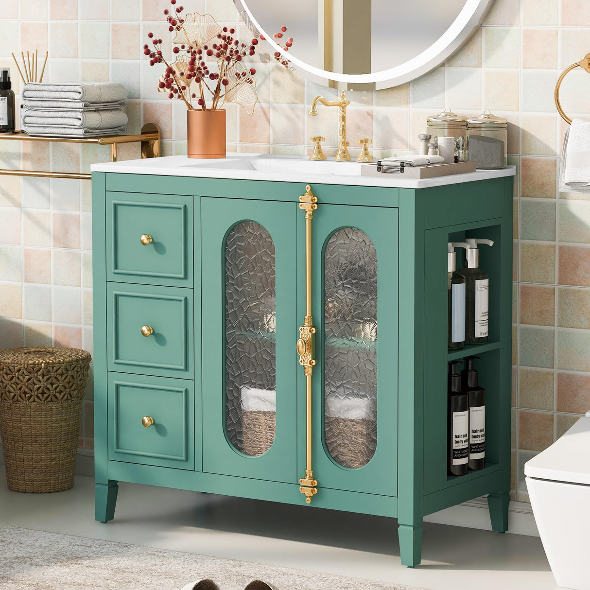 LUMISOL 36 Inch Bathroom Vanity with Sink, Free Standing Bathroom Sink Cabinet with 3 Drawers, 2 Glass Door & Side Storage, Vintage Bathroom Vanities with Ceramic Sink, Solid Wood Frame, Green LUMISOL