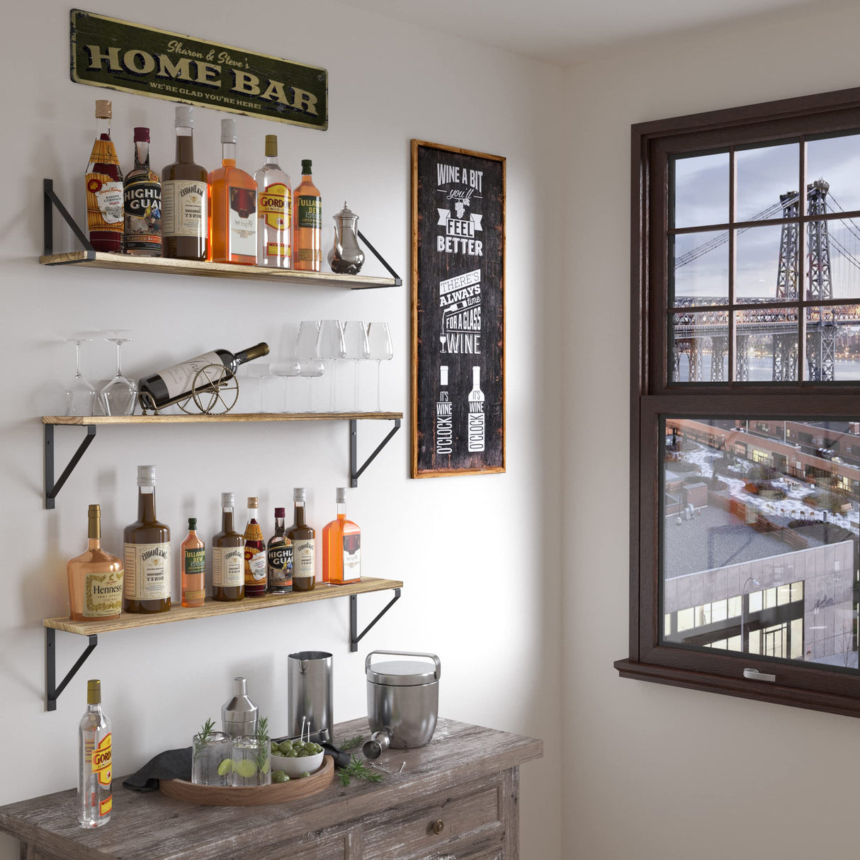 Wallniture Bora 36 Inch Large Floating Shelves for Wall Storage, Floating Bookshelf Set of 3, Burned Wood Wall Shelves for Books Wallniture