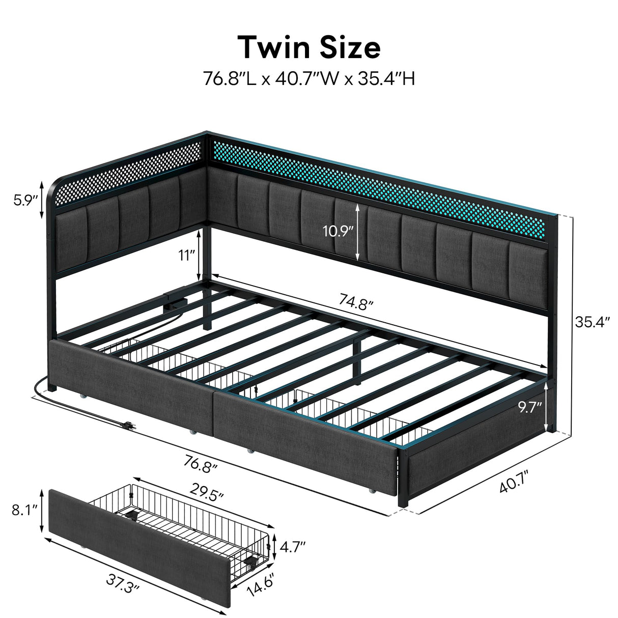 LIKIMIO Twin Corner Bed Frame with Storage Drawers and Charging Station, Modern Twin Daybed with LED Lights and Upholstered Guardrail, Gray LIKIMIO