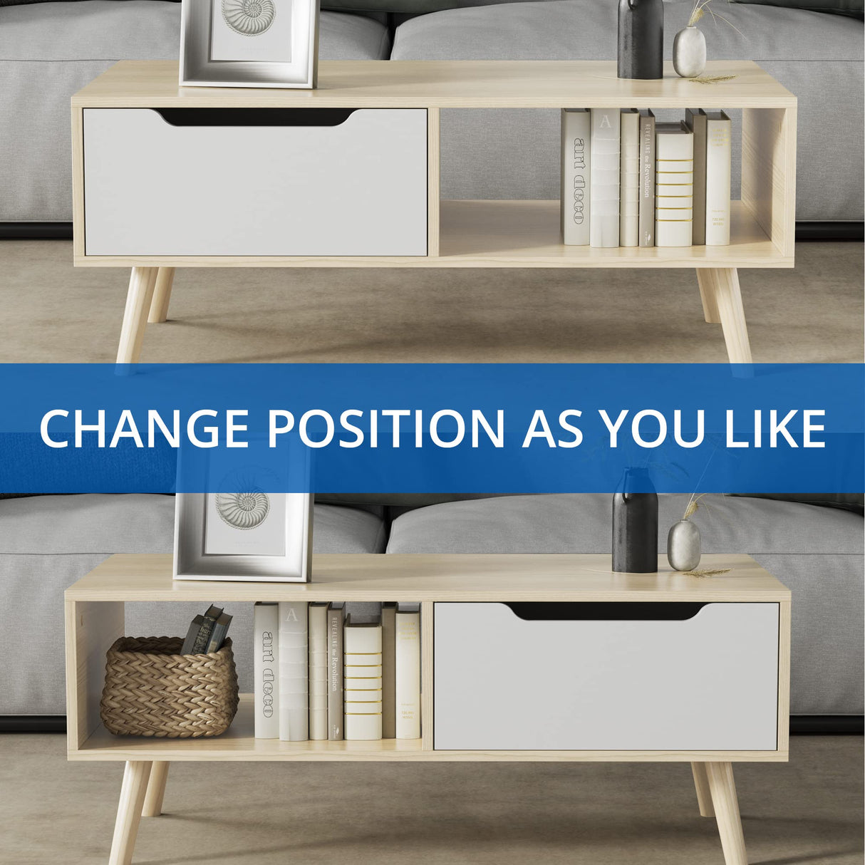 Cozy Castle Modern Wooden Coffee Table with Storage, Minimalist Hallway Mid Century Cocktail Table for Living Room Apartment Reception, Oak Cozy Castle