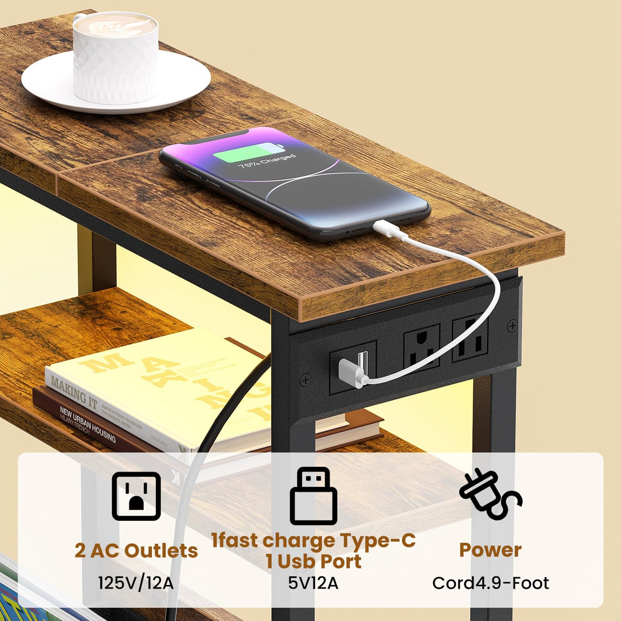 Creso hom Narrow Side Table with Charging Station and LED Light, End Table with 1 Fabric Drawer, Skinny Nightstand with USB Ports & Type-C, Slim Bedside Table for Bedroom, Living Room, Rustic Brown Creso hom