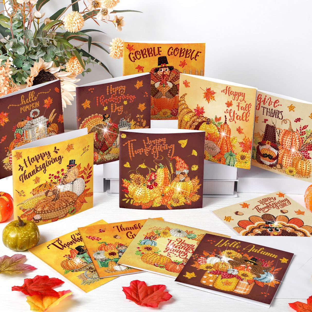 Saillong 12 Pack Thanksgiving Diamond Painting Greeting Card Kits DIY Fall Diamond Art Cards with Envelopes Pumpkin Turkey 5D Rhinestones Paint Card for Adults DIY Crafts Family Friend Birthday Gifts Saillong