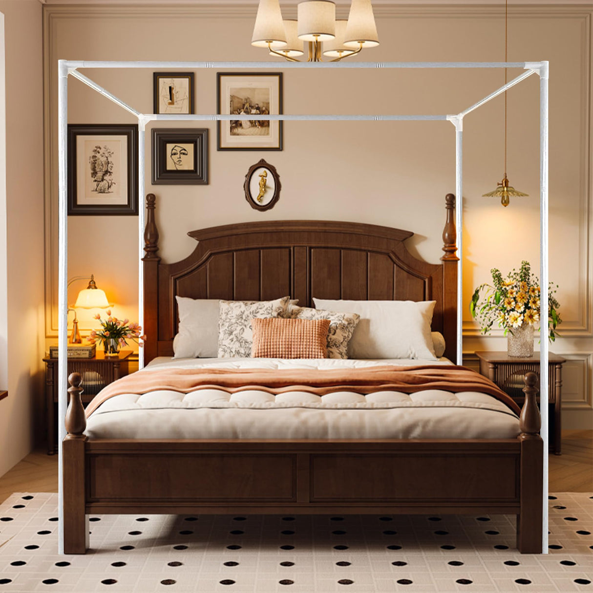 Stainless Steel Canopy Bed Frame Queen Size, Heavy Duty Queen Size Metal Canopy Frame for Metal Bed Wood Bed Bedroom Decor, White Jondow