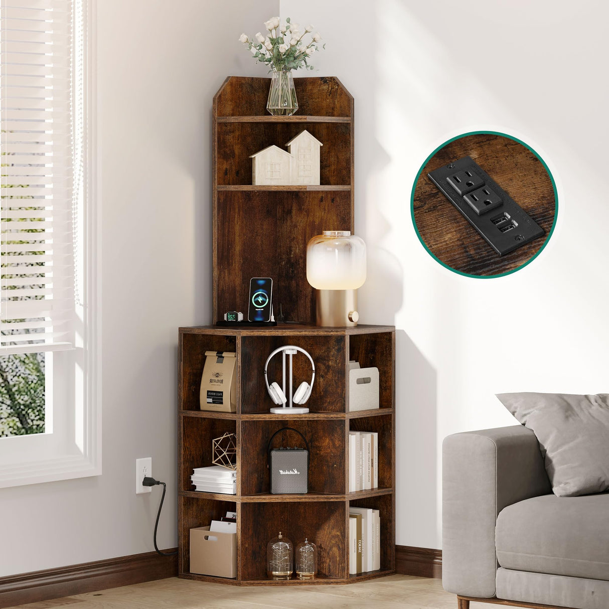 YITAHOME Industrial Corner Shelf with USB Charging Ports and Outlets YITAHOME