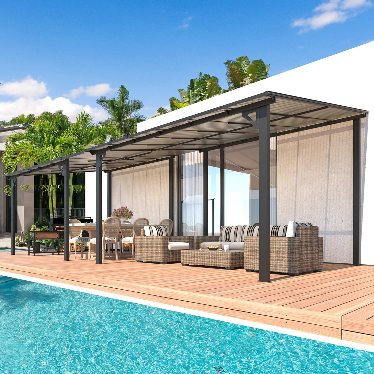 AECOJOY 22' x 10' Gazebo for Patio, Large Wall-Mounted Hard Top Lean-to Gazebo Pergola with Roof 10' x 22' on Clearance, Heavy Duty Patio Awnings for Decks, Backyard AECOJOY