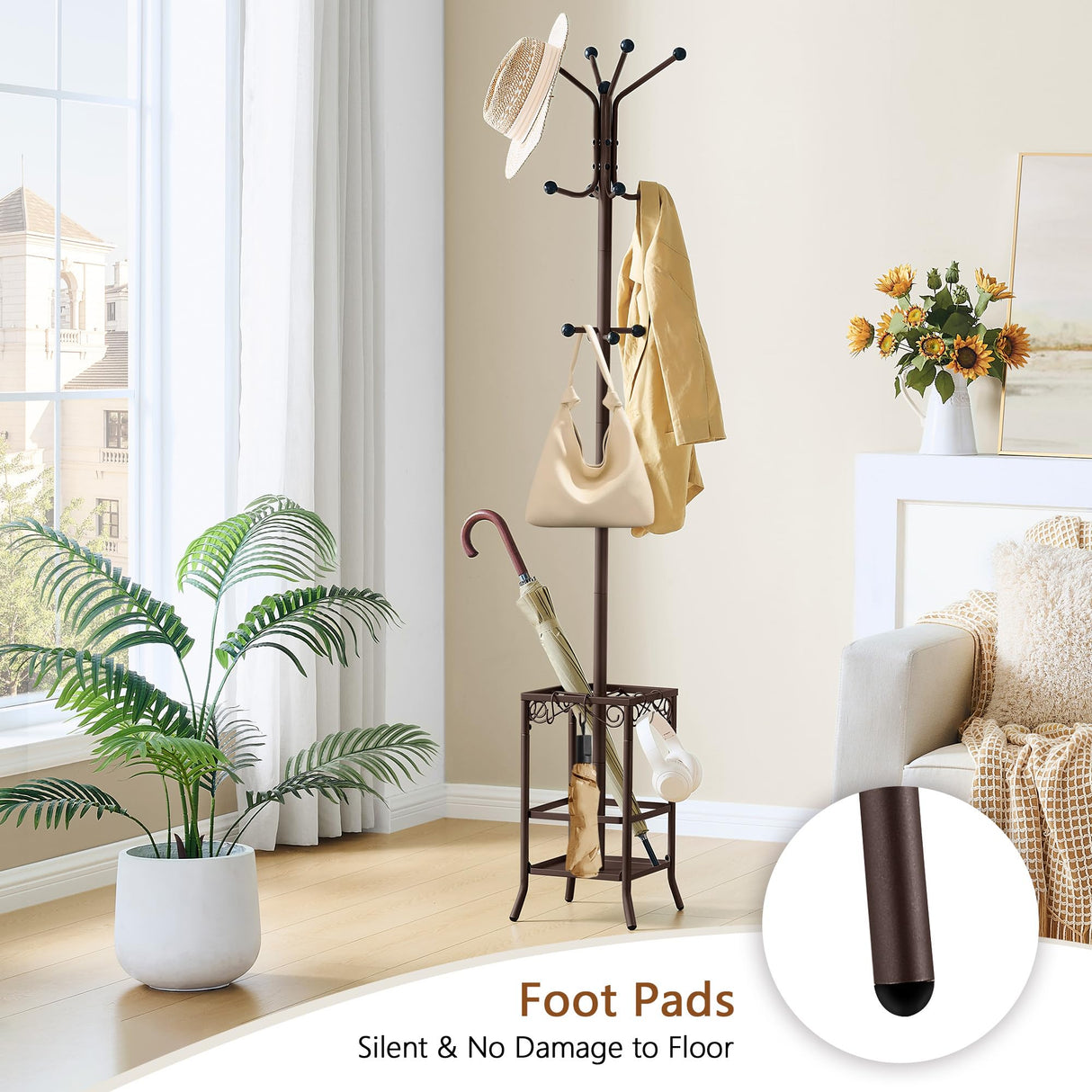 Hoctieon Coat Rack Freestanding, Coat Tree with Umbrella Holder, Metal Coat Rack Stand with 12 Hooks, Standing Coat Hanger Stand, Umbrella Stand for Entryway, Hat Rack Stand for Home Office, Brown Hoctieon