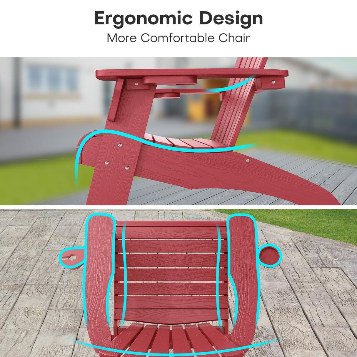 Cecarol Oversized Adirondack Chair Plastic, Outdoor Fire Pit Chair with Cup Holder, Adirondack Patio Chair Weather Resistant for Outside, Porch, Lawn, Garden- AC01, Red(Wood Grain) Cecarol