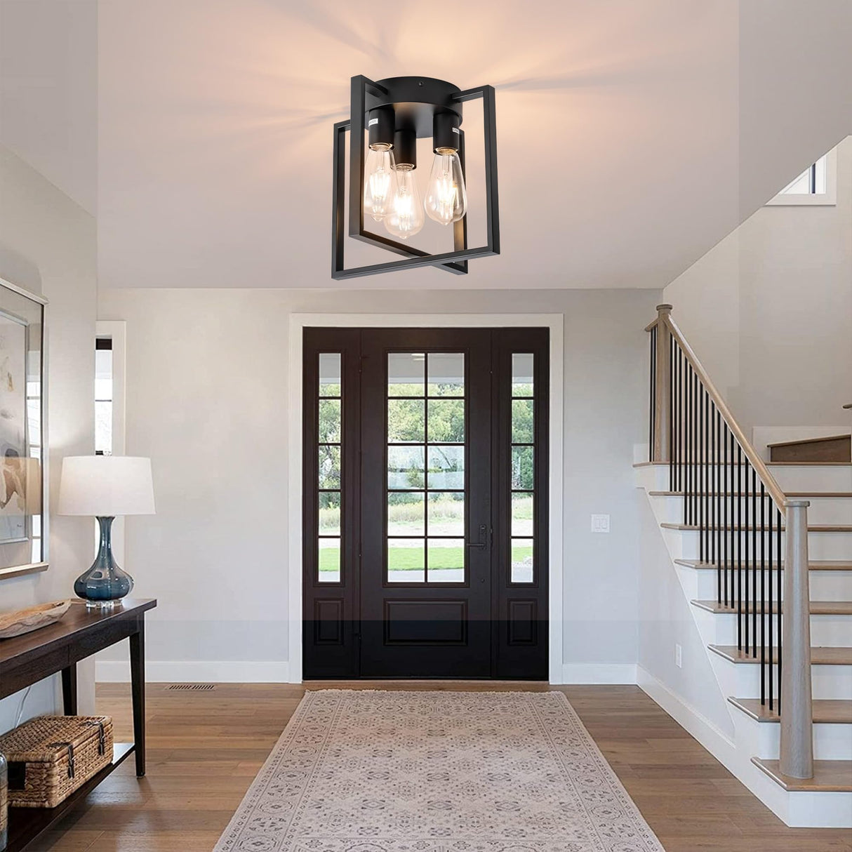 LEIP 3-Light Ceiling Light Fixture, Semi-Flush Mount Light with Contemporary Geometric Metal Cage, Farmhouse Industrial Lighting for Kitchen Living Room Bedroom Hallway Foyer, E26 Black LEIP