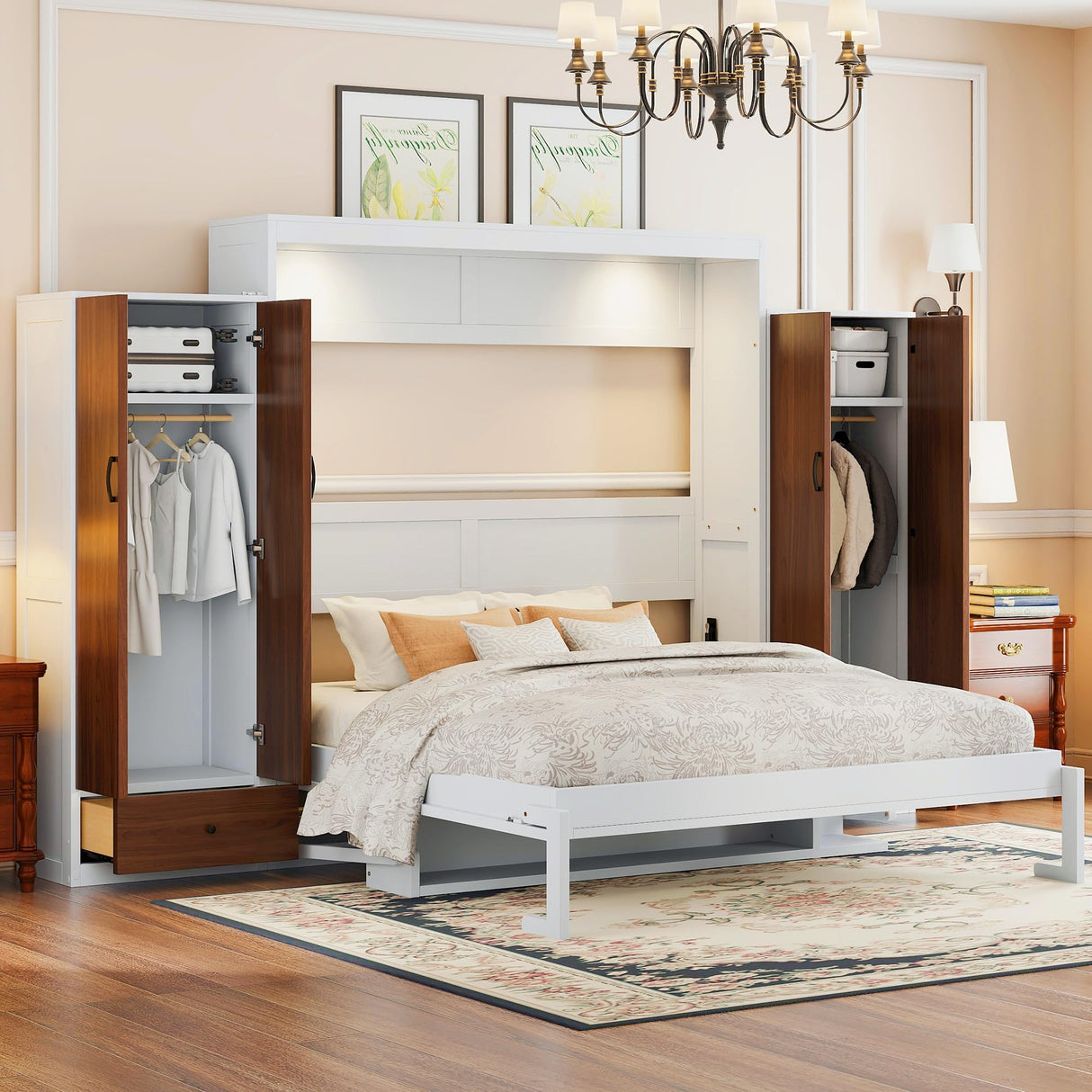 Brabrety Queen Size Wooden Murphy Bed Wall Bed with Closet,Drawers and Table,for Small Spaces Studio Study Office Guest Room Use (White#s, Queen) Brabrety