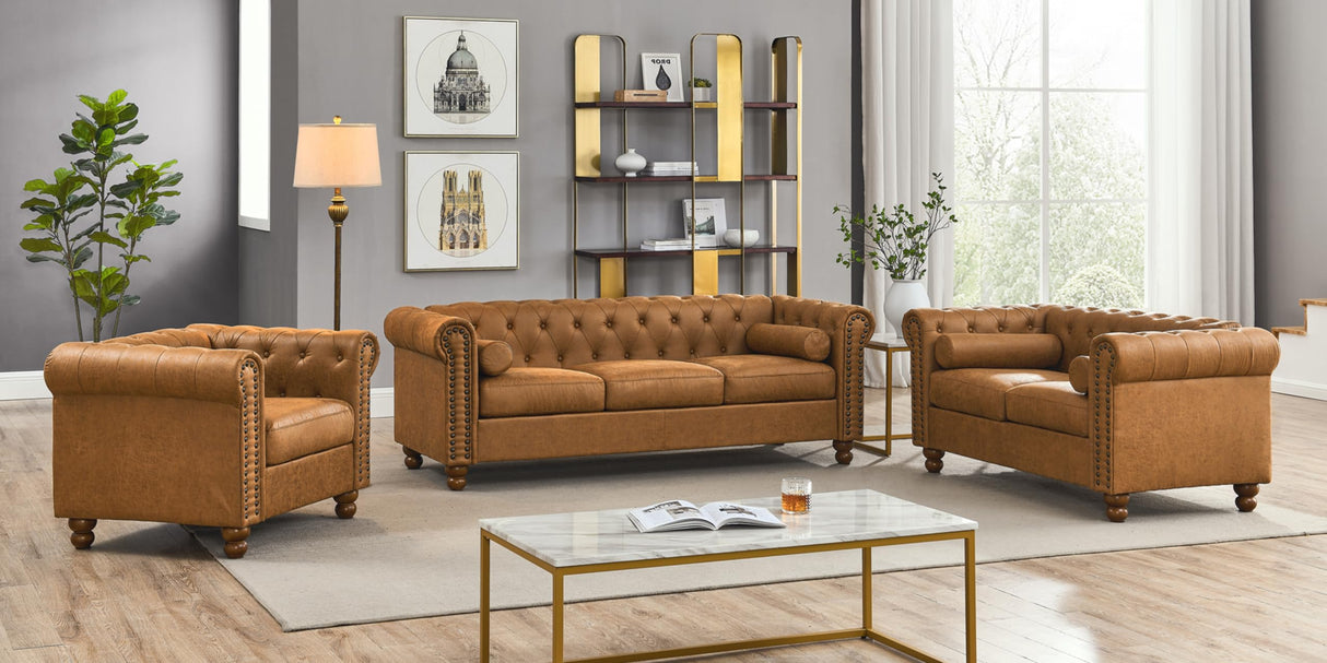 Asucoora Air Leather Tufted Sofa Couch for Living Room, Rolled Arm 3-Seater Sofa Couch with Nailhead Trim and 2 Neck Roll Pillows, Small Apartment Chesterfield Sofa Asucoora