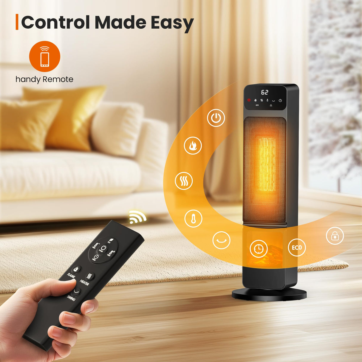 Space Heater, 1500W Electric Fireplace Heaters Indoor Portable with Child Lock & ECO Mode, PTC Ceramic, 3D Flame, 12H Timer, Remote Control, 70° Oscillation, Heating & Fan Modes for Home & Office Riseon